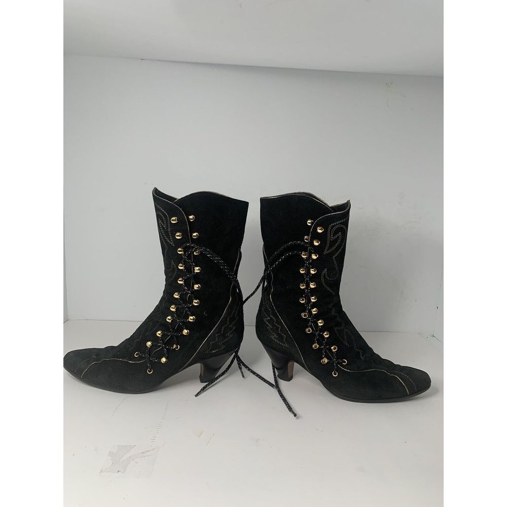 El Vaquero Black Lace Up Boots Made In Italy Sz 8 Gold Trim Leather Suede